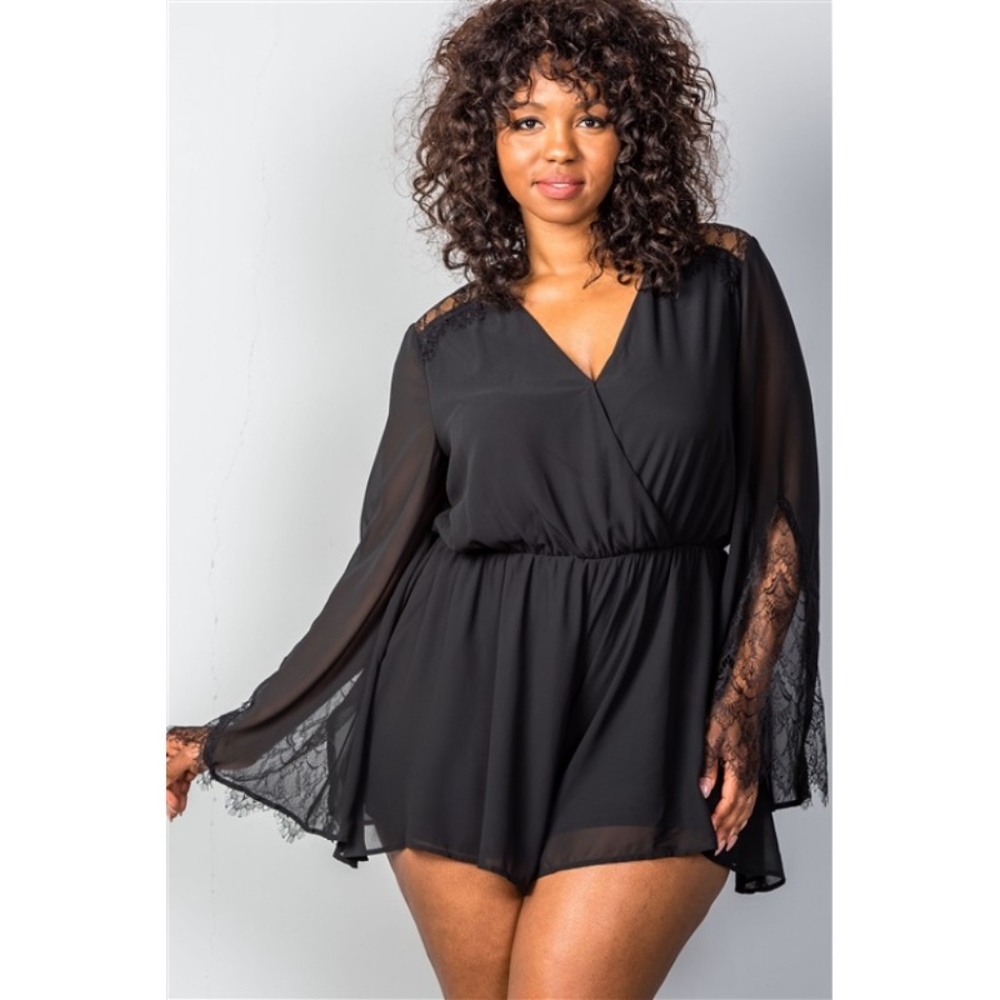 Lacey Bell Sleeve Plus Size Romper (Black)